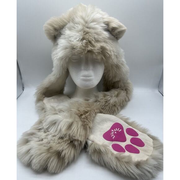 SpiritHoods Kids Snow Leopard Faux Fur Hat Scarf Combo w/ Mittens Ages 4-10